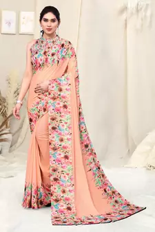 Peach printed georgette saree with blouse