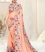 Peach printed georgette saree with blouse