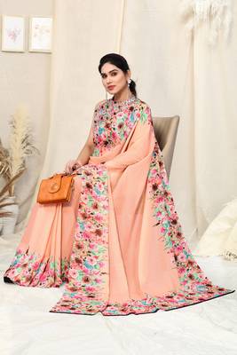 Peach printed georgette saree with blouse 2