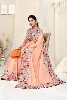 Peach printed georgette saree with blouse