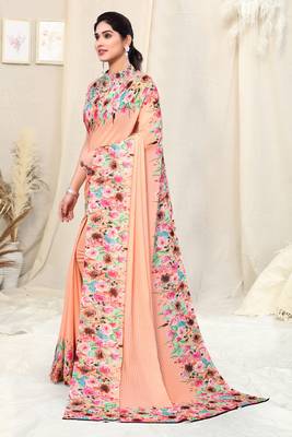 Peach printed georgette saree with blouse 3