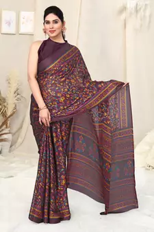 Wine Printed Chiffon Saree With Blouse