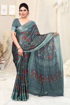 Grey Printed Chiffon Saree With Blouse