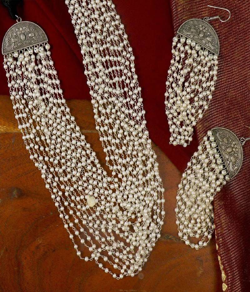 Multilayer white pearl long necklace set