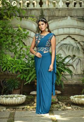 Dark Cobalt Blue Colour Pure Lycra Ready To Wear Saree WITH STITCHED BLOUSE 1
