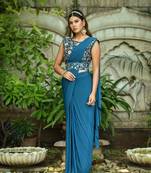 Dark Cobalt Blue Colour Pure Lycra Ready To Wear Saree WITH STITCHED BLOUSE