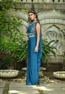 Dark Cobalt Blue Colour Pure Lycra Ready To Wear Saree WITH STITCHED BLOUSE 2
