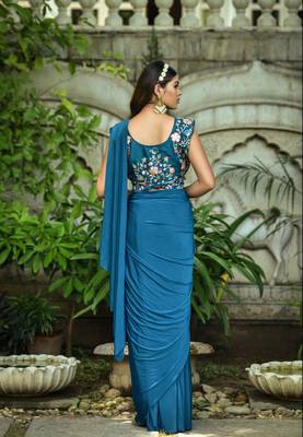 Dark Cobalt Blue Colour Pure Lycra Ready To Wear Saree WITH STITCHED BLOUSE 3