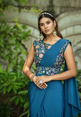 Dark Cobalt Blue Colour Pure Lycra Ready To Wear Saree WITH STITCHED BLOUSE 4