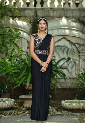 Black Colour Pure Lycra Ready To Wear Saree WITH STITCHED BLOUSE 1
