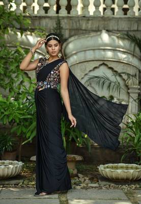 Black Colour Pure Lycra Ready To Wear Saree WITH STITCHED BLOUSE 3