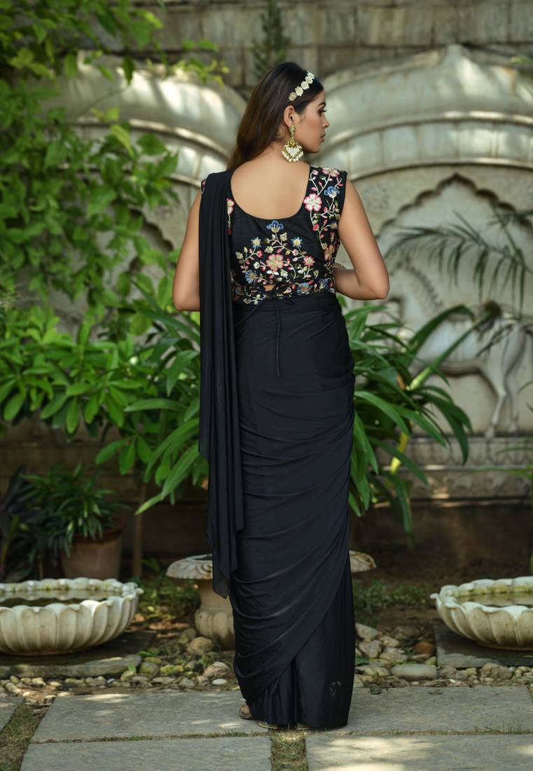 Black Colour Pure Lycra Ready To Wear Saree WITH STITCHED BLOUSE
