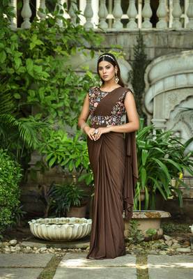 Coffee Colour Pure Lycra Ready To Wear Saree WITH STITCHED BLOUSE 1