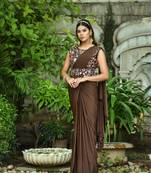Coffee Colour Pure Lycra Ready To Wear Saree WITH STITCHED BLOUSE