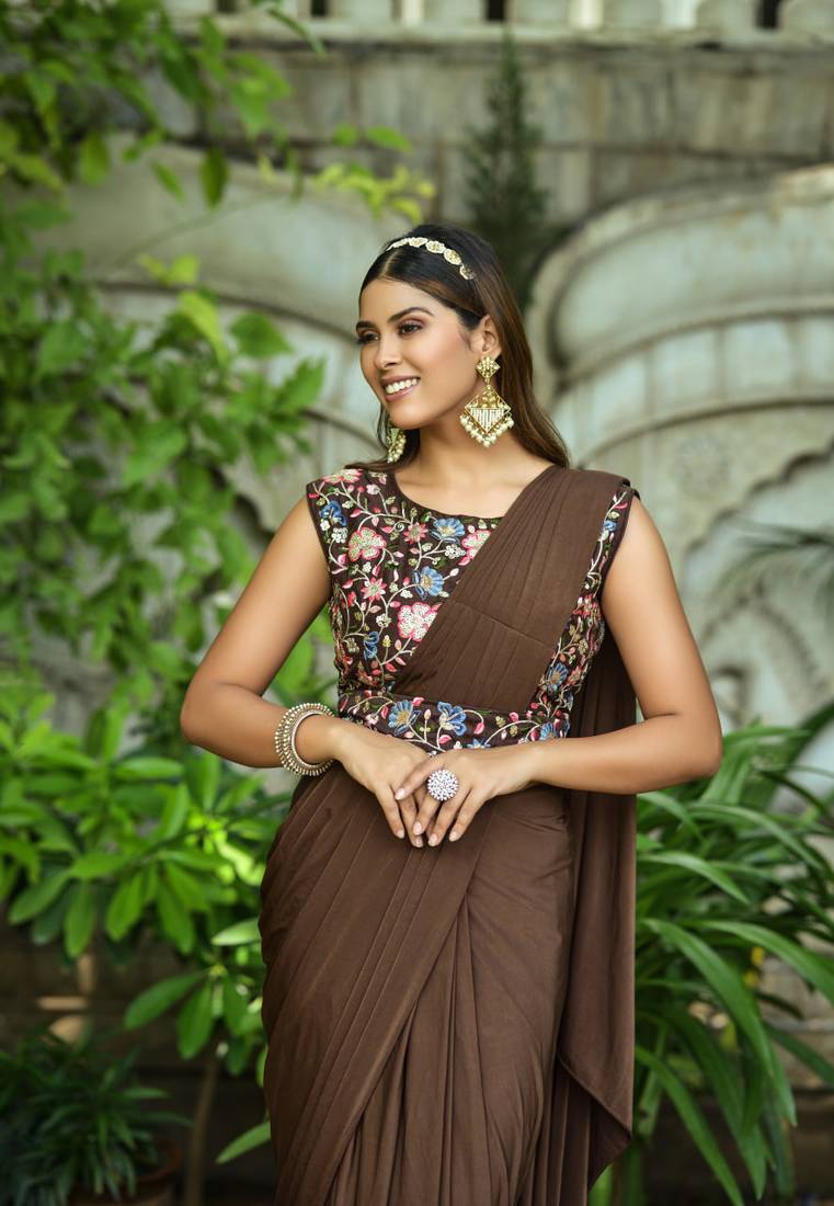 Coffee Colour Pure Lycra Ready To Wear Saree WITH STITCHED BLOUSE