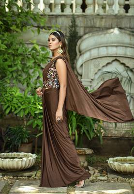Coffee Colour Pure Lycra Ready To Wear Saree WITH STITCHED BLOUSE 3