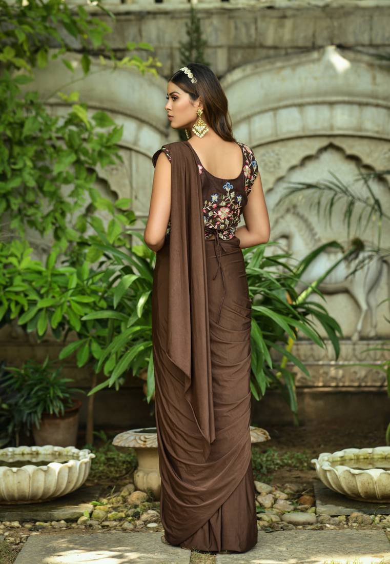 Coffee Colour Pure Lycra Ready To Wear Saree WITH STITCHED BLOUSE