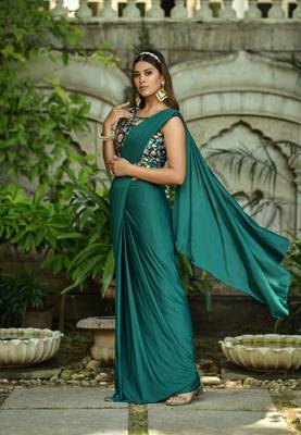 Rama Colour Pure Lycra Ready To Wear Saree WITH STITCHED BLOUSE 2
