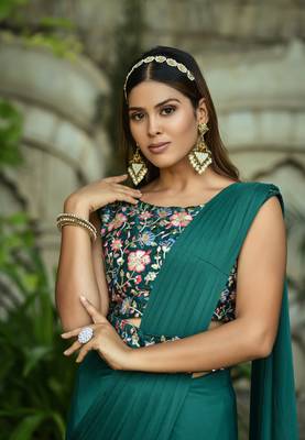 Rama Colour Pure Lycra Ready To Wear Saree WITH STITCHED BLOUSE 3