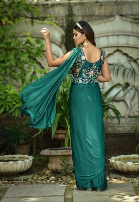 Rama Colour Pure Lycra Ready To Wear Saree WITH STITCHED BLOUSE 4
