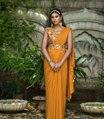 Yellow Colour Pure Lycra Ready To Wear Saree WITH STITCHED BLOUSE