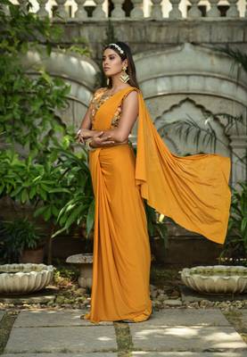 Yellow Colour Pure Lycra Ready To Wear Saree WITH STITCHED BLOUSE 3