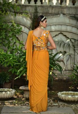 Yellow Colour Pure Lycra Ready To Wear Saree WITH STITCHED BLOUSE 4