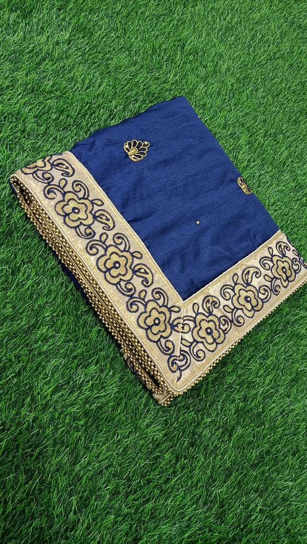 Trendmalls Light Navy Blue Silk Fabric Embroidered Designer Indian Wedding Saree with Blouse