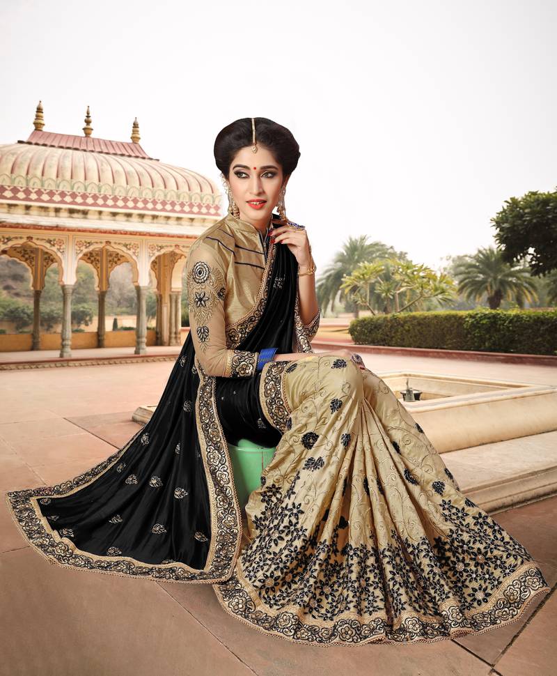 Trendmalls Light Black Silk Fabric Embroidery Designer Indian Wedding Saree with Blouse