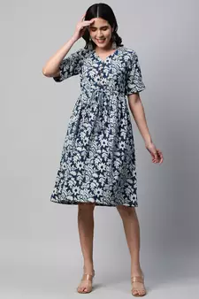 Blue printed cotton short-dresses