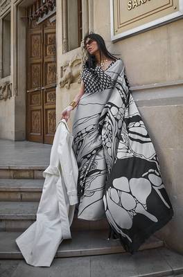  Grey Printed Satin Saree With Blouse 1