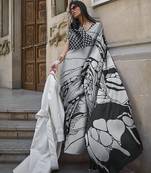  Grey Printed Satin Saree With Blouse