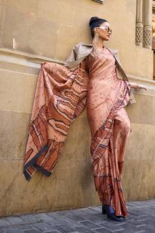 Orange Printed Satin Saree With Blouse