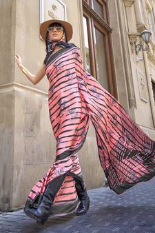  Peach Printed Satin Saree With Blouse