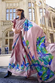  light pink printed satin saree with blouse