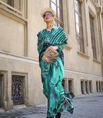  Teal Printed Satin Saree With Blouse