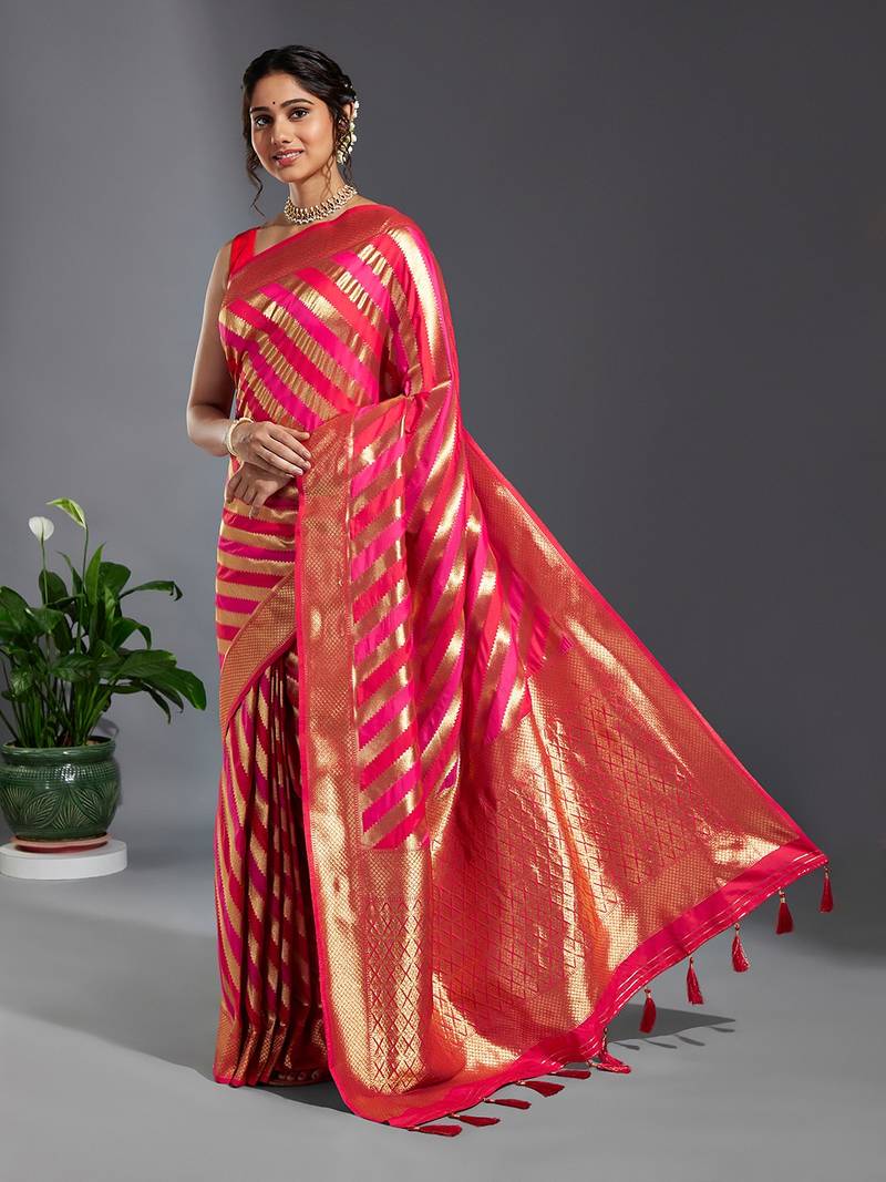 Banarasi Handloom Paisley Saree with Gold Oxidized Zari Weaving and Rich Zari Pallu