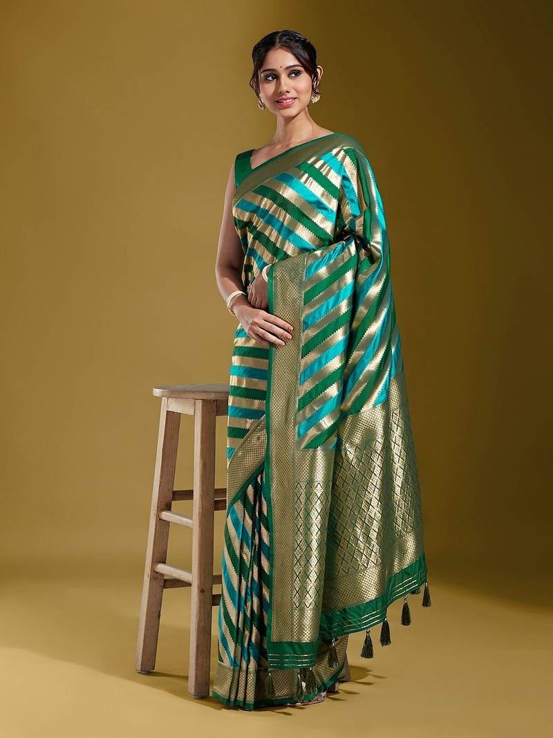 Olive & Gold Satin Paisley Zari with Beautiful Leheriya Banarasi Saree
