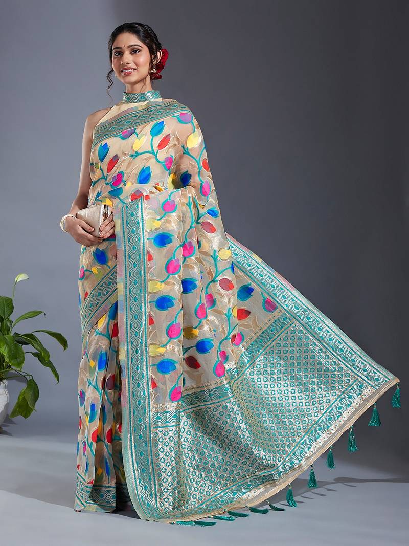 Gold Jamdani Chanderi Saree with Geometrical Zari weaving & Colorblocked border main image 0