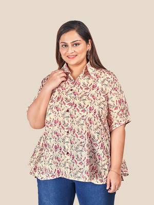 Stylish chanderi floral print modal  ladies Shirt-Pink 5