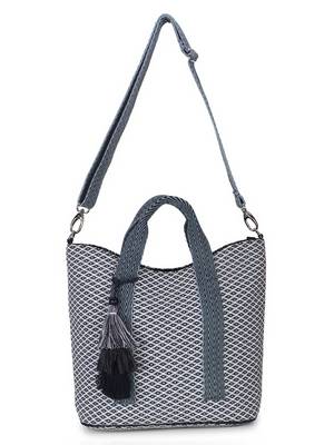 Boho Blue & White Cotton Canvas Jaquard Diamond Jacquard Handheld Bag 4
