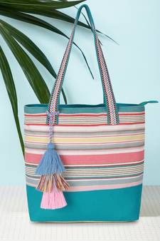 Eco- friendly Aqua & Multi Cotton Canvas Striped Jacquard Tote Bag