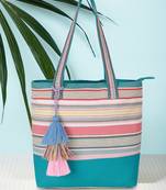 Eco- friendly Aqua & Multi Cotton Canvas Striped Jacquard Tote Bag