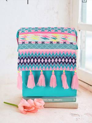 Anekaant Geomat Turquoise Blue & Pink Cotton Acrylic Canvas Ethnic Motifs Jacquard Sling Bag 1