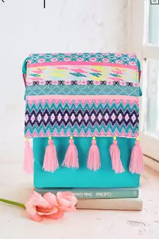 Anekaant Geomat Turquoise Blue & Pink Cotton Acrylic Canvas Ethnic Motifs Jacquard Sling Bag