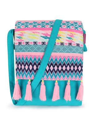 Anekaant Geomat Turquoise Blue & Pink Cotton Acrylic Canvas Ethnic Motifs Jacquard Sling Bag 2