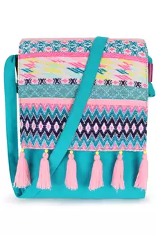 Anekaant Geomat Turquoise Blue & Pink Cotton Acrylic Canvas Ethnic Motifs Jacquard Sling Bag