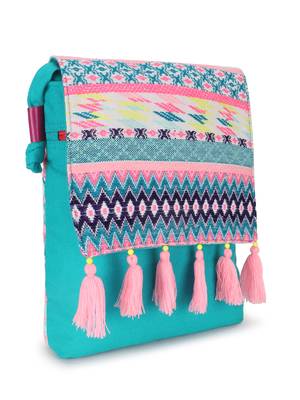 Anekaant Geomat Turquoise Blue & Pink Cotton Acrylic Canvas Ethnic Motifs Jacquard Sling Bag 3
