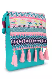 Anekaant Geomat Turquoise Blue & Pink Cotton Acrylic Canvas Ethnic Motifs Jacquard Sling Bag
