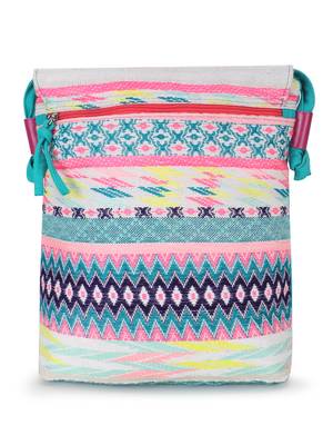 Anekaant Geomat Turquoise Blue & Pink Cotton Acrylic Canvas Ethnic Motifs Jacquard Sling Bag 4